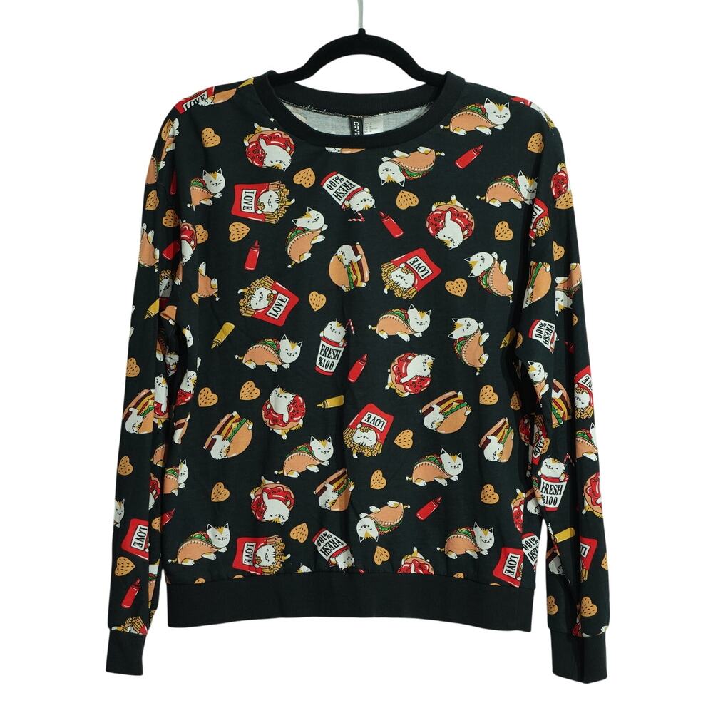 Womens Crew Neck Sweater - Cat Fries Taco Graphic Print - Black - Size Medium
